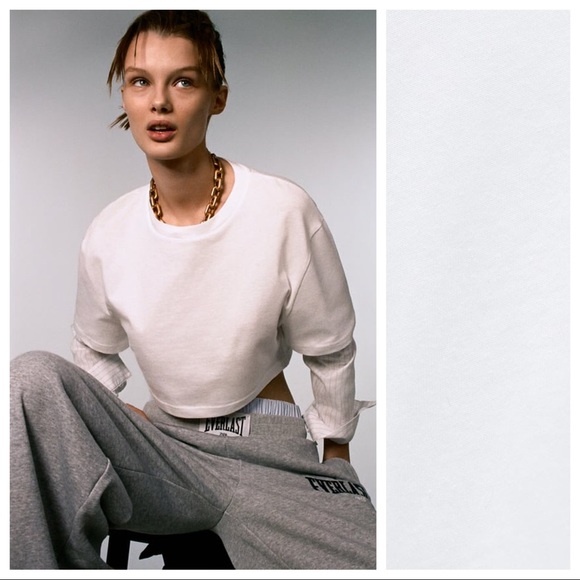 NWT. Zara White Contrast Striped Cropped T-Shirt. Size L. - Picture 2 of 9